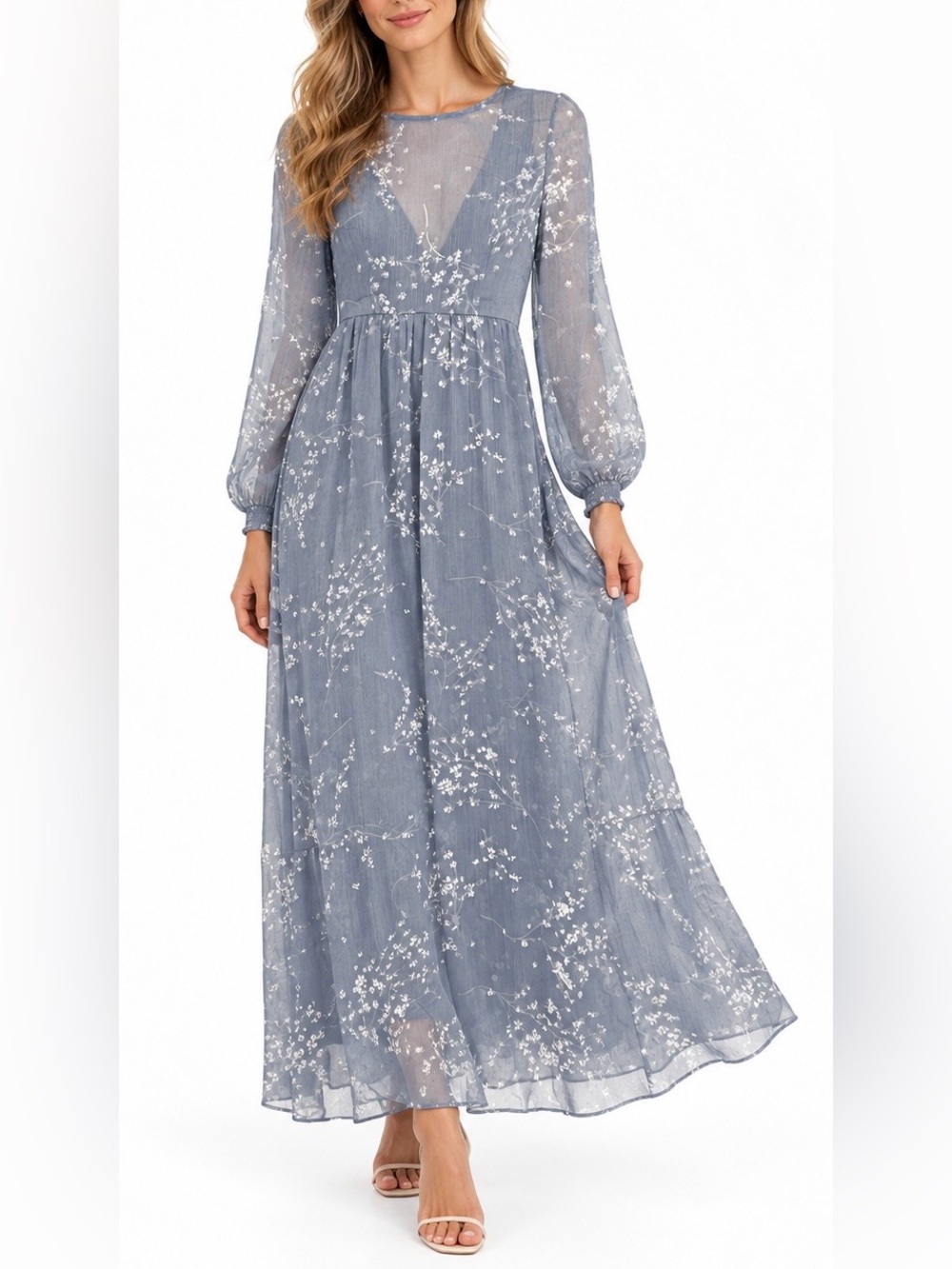L’atiste Size S Blue Gray Floral Chiffon Maxi Dress Open Back Cottagecore Boho